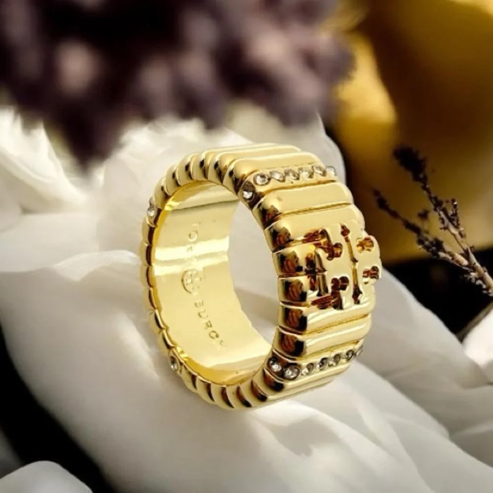 Tory Burch Crystal Textured Pave Logo Band Ring. Size 8